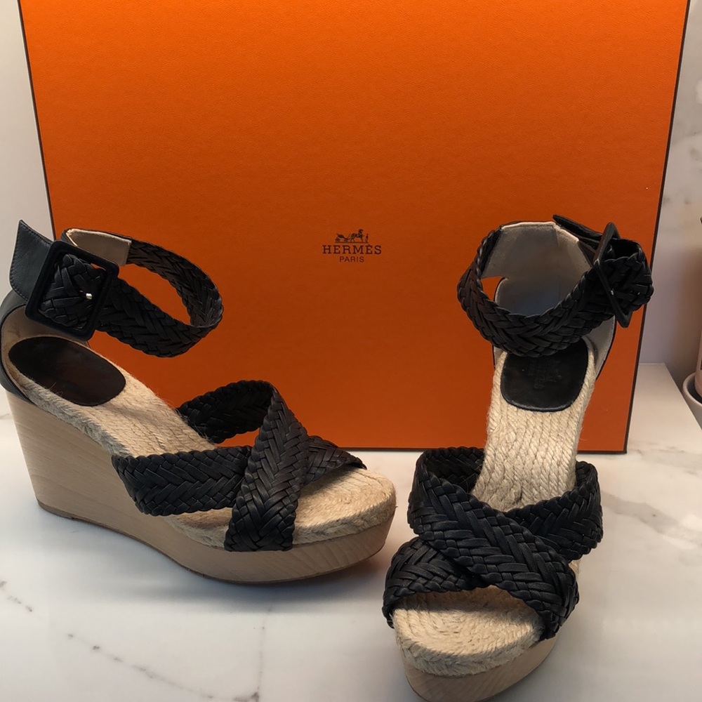 Hermes Black Leather Braided Espadrille Wedges